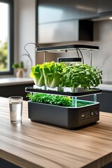 A modern indoor hydroponic garden on a kitchen counter with lush green plants