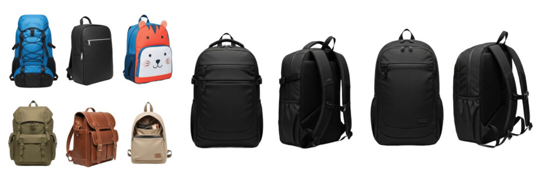 Set and collection of various backpacks, including hiking rucksacks, leather bags, and black laptop backpacks in different angles isolated on white transparent PNG background