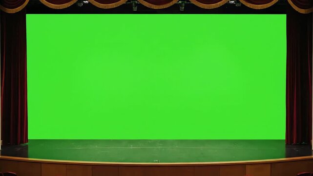 Classic theater stage with red velvet curtains and green screen, empty auditorium seats