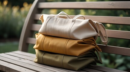 A stack of colorful leather bags on a wooden outdoor bench in a garden