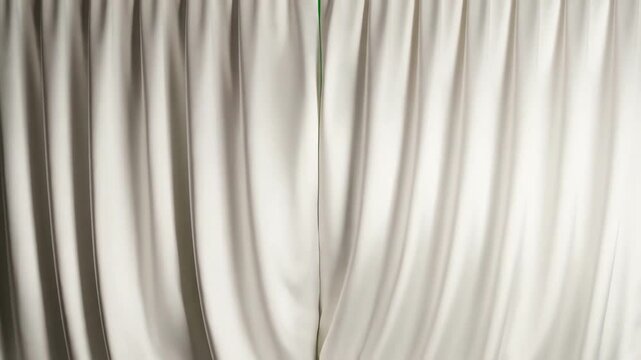 Elegant white stage curtains opening to reveal a bright green screen background