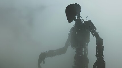 Fototapeta premium Futuristic Humanoid Robot Standing In Thick Mysterious Grey Fog