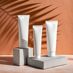 Three white cosmetic tubes on concrete blocks with a peach background