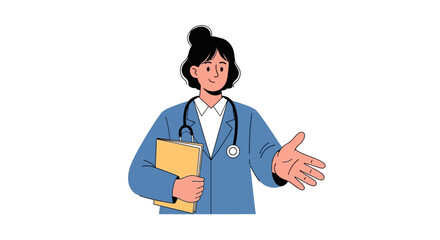 Female Doctor Holding Clipboard and Gesturing.