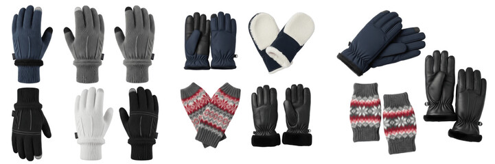 Set and collection of various winter gloves, leather gloves, and knitted mittens in different colors and styles for cold weather protection isolated on white transparent PNG background © fishingman