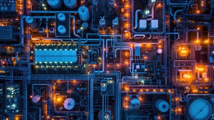 Fototapeta premium Complex Oil Refinery Infrastructure Illuminating Urban Industrial Zone Night