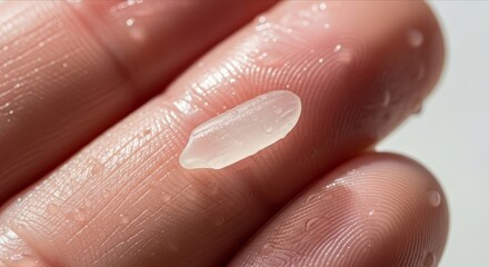 Fototapeta premium Close-Up of a Single Grain of Rice on a Moist Human Finger