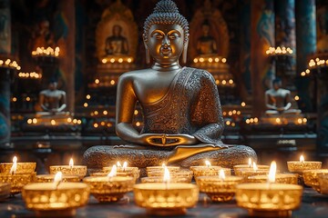 Fototapeta premium Illuminated Buddha statue with glowing candles, serene temple ambiance, spiritual meditation, golden light