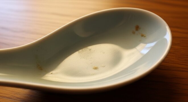 Empty Ceramic Spoon on Wooden Table with Subtle Texture Background