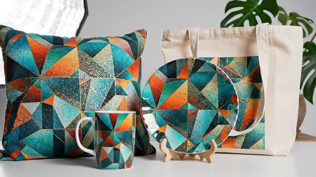 Geometric Pattern Home Decor Collection with Pillow Mug and Plate.