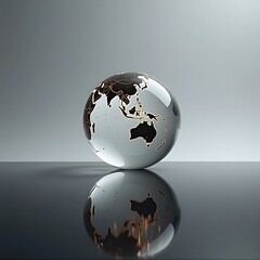 Crystal Globe with Illuminated World Map on Reflective Surface