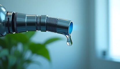 Clean Water Droplet from Modern Tap, Green Reflection