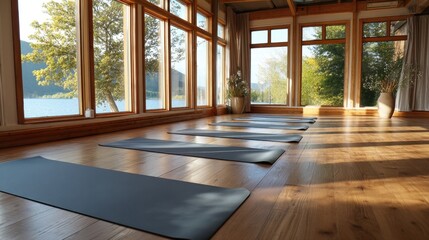 Fototapeta premium Several yoga mats are placed on a wooden floor in a room with large windows. Sunlight shines through the windows showing a lake and trees outside. The scene is bright and inviting.