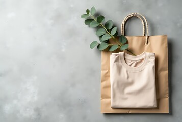 Folded Beige T-Shirt, Eco-Friendly Paper Bag & Eucalyptus