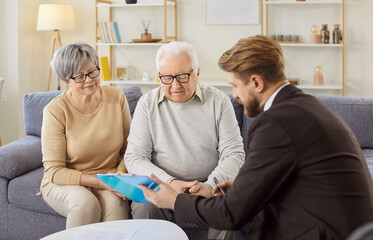 Young man financial advisor, broker, or agent explains contract details, legal agreement terms to...