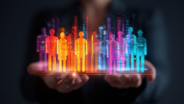 advertising professional presenting data on social media audience composition, with hands holding virtual screens displaying people icons in vibrant colors Generative AI