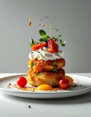 Elevated Culinary Delight - Stacked Dish with Cream and Tomatoes.