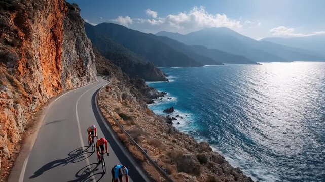 Group of cyclists in colorful jerseys riding along a coastal road with rocky cliffs and ocean waves under a bright sky, showcasing a scenic outdoor adventure