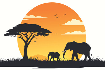 Elephants walking in the wild savanna at sunset with orange sky and tree silhouettes