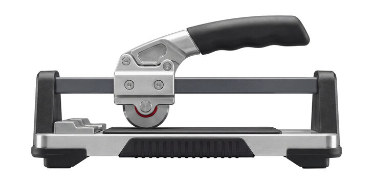 Handheld tile cutter with a replaceable scoring wheel and non-slip rubber feet.