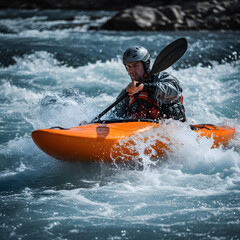Man in Orange Kayak Navigating Rapid White Water