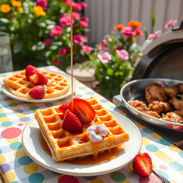 Mesa colorida con waffles dorados, fresas frescas y jarabe de arce en jard&iacute;n soleado