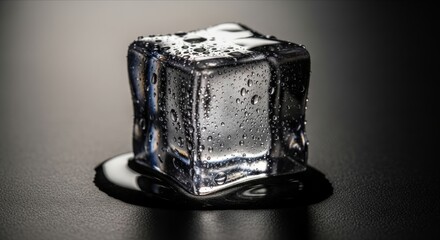 Transparent Ice Cube with Water Drops on Dark Background