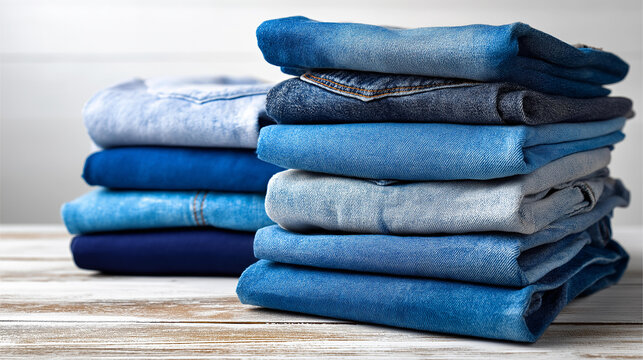 Pile of jeans on white background, stack various blue jeans denim collection, clothing inventory visualization, fashion textile display, with copy space