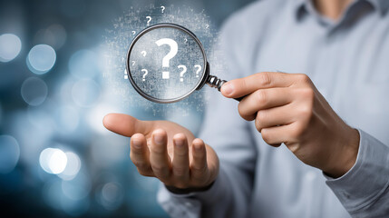 Concept of finding answer questions business lifestyle, AI technology businessman holding magnifying glass, question marks everything using technology, information search visualization,