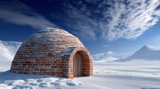 Cozy brick style igloo on snowy field, AI generated image winter shelter, arctic dwelling visualization, cold weather accommodation, with copy space