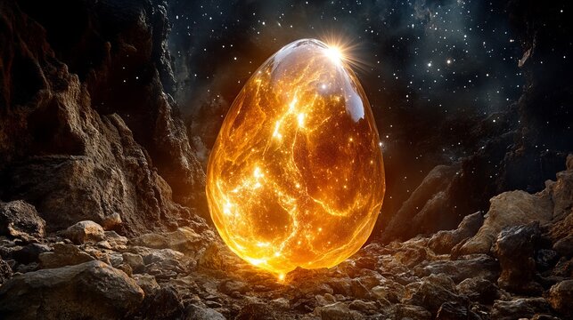 Glowing celestial egg in mystical rocky landscape under starry sky