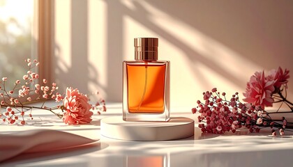 Elegant Perfume Bottle Display with Floral Accents and Soft Lighting.