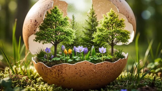 A cracked eggshell forms a miniature ecosystem with small trees and colorful flowers growing inside, nestled in a vibrant green mossy forest floor.