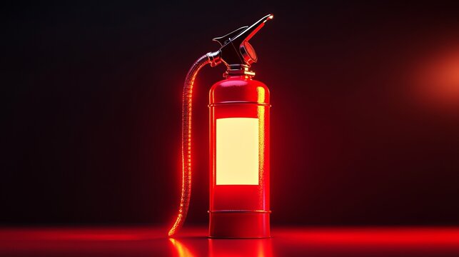 Glowing red fire extinguisher in dramatic lighting against dark background