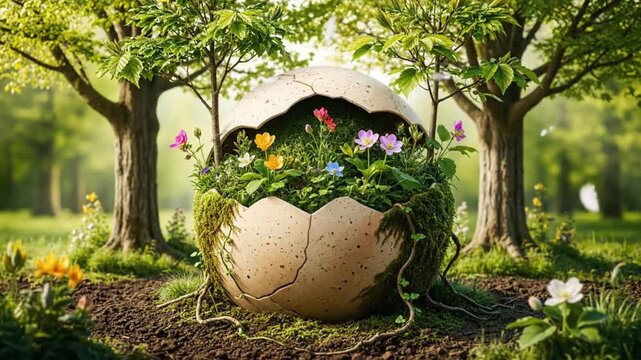 A large cracked eggshell filled with vibrant flowers and green plants, nestled in a mossy forest floor between two trees, symbolizing new life and spring.