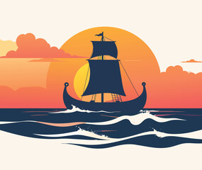 Naklejka premium Sailing ship silhouette on the ocean at sunset with waves and sky background