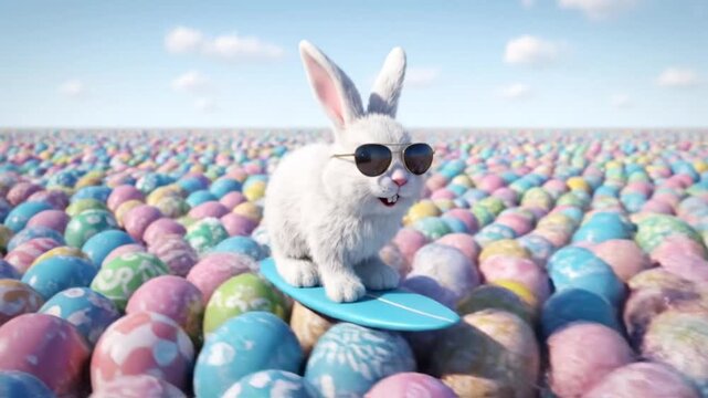 A cool white rabbit wearing sunglasses surfs on a blue board across a field of countless colorful Easter eggs under a bright blue sky.