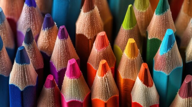 Different colored pencils are stacked closely together on a flat surface. The tips of the pencils show a range of colors creating a vibrant display. The scene is bright and well lit.