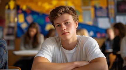 Fototapeta premium Teenager slumping in a seat with a bored expression amid a lively classroom filled with engaged peers during a group discussion. Vibrant wall decorations surrounding the scene, illuminating the