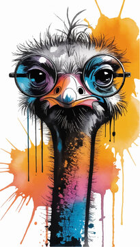 A vector comic illustration of an ostrich wearing glasses, drawn with colored pens.