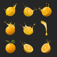 A vibrant illustration of oranges and lemons with splashes of juice on a dark background