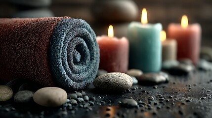 Zen yoga candles and pebbles on mat images