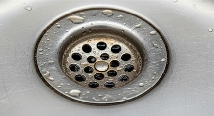 Close-Up View of a Stainless Steel Sink Drain with Water Droplets