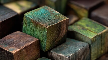Wooden blocks in different shades are piled up in a workshop. The blocks showcase various patterns and textures creating an interesting display as light reflects off their surfaces.