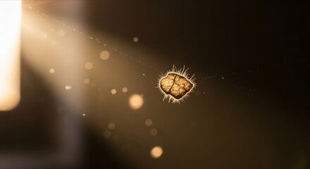 Close-up View of Unique Insect on a Silk Thread with Sunlight Glare