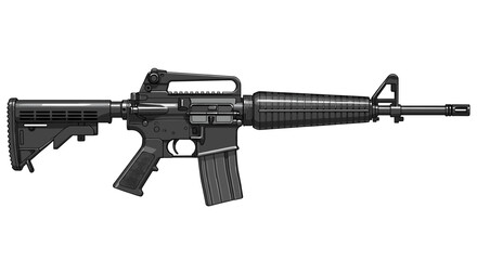 A detailed, isolated view of a black assault rifle, showcasing its components.