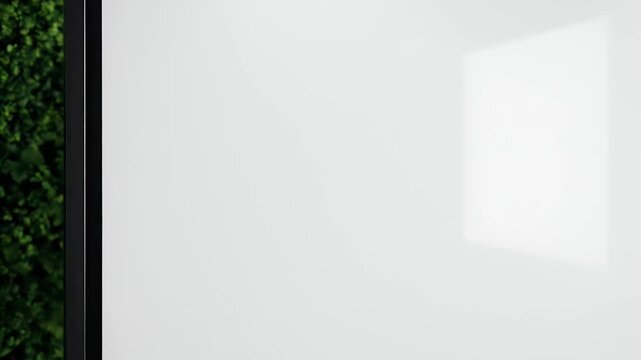 A blank white screen surrounded by a black frame with green foliage on the left