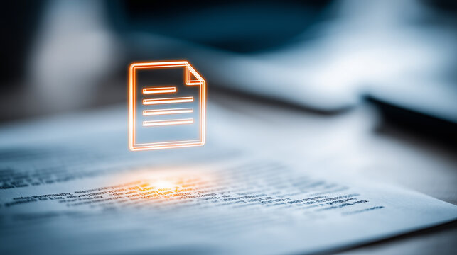 Digital document icon above contract paper representing e signature and compliance workflow concept.
