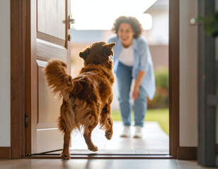 Obraz na płótnie Canvas Joyful dog excitedly runs to greet its smiling owner at the front door of a bright home. Captures the pure love and loyalty of a pet in a heartwarming, sunlit domestic homecoming scene.