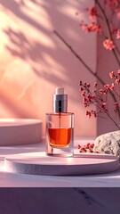 Elegant Perfume Bottle on a Round Platform with Floral Accents.